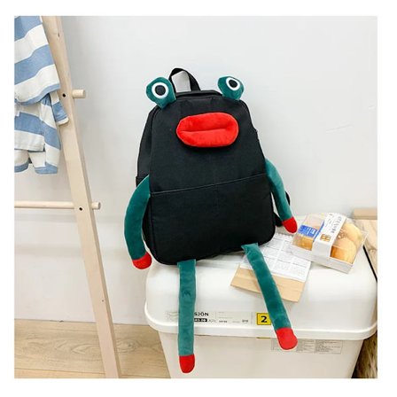 Mochila Bolsa Tegneserie Froskeform Ryggsekker Kvinner Canvas Ryggsekk Grønn Ryggsekk Dame Skulderveske for Tenåringsjente Skolesekk~03320