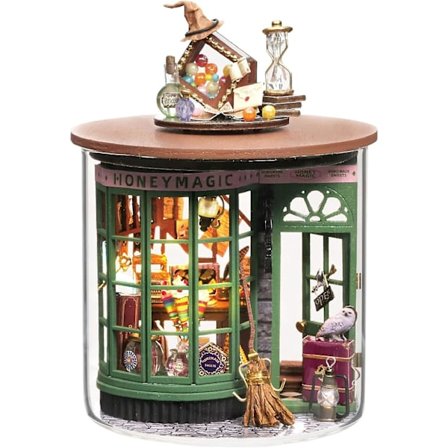 Nukkekoti DIY Miniatyyri Puinen Kalustepaketti - Luovat Puutyölelut Aikuisten Käyttöön Pölysuojalla & LEDillä (1:24 Mittakaava)