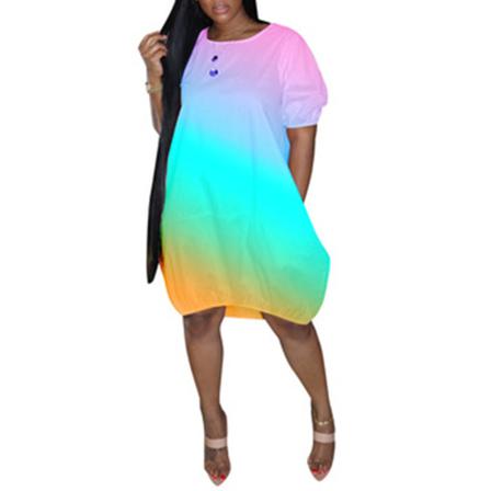 Dam Klänning Print Gradient Kort Ärm O-neck Lös Midi High