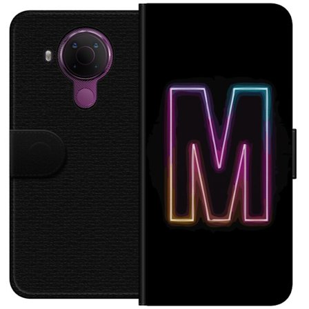 Yhteensopiva Lompakkokotelo Nokia Nokia 5.4 Neonkirjain M värinvaihtuva valotehoste mustaa taustaa vasten, moderni minimalistinen typografia vahvalla