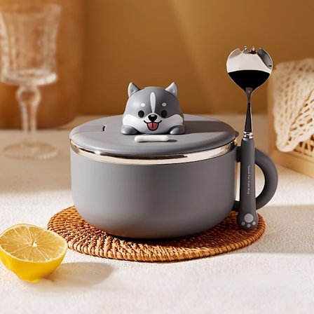 En stk. 1200 ml SUS304 skål i rustfrit stål med stor kapacitet til instant nudler og salat, med sødt tegneseriedesign. Ideel til servering af Fr...