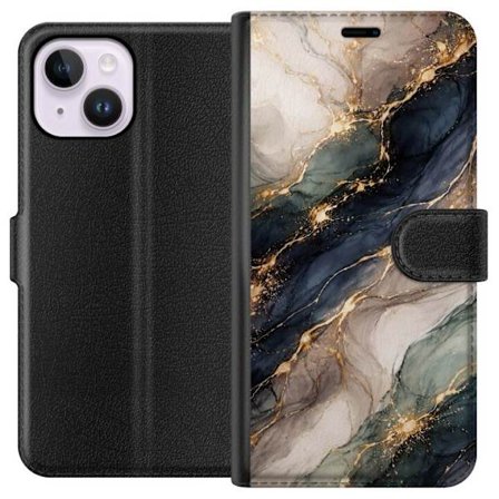 Kompatibelt Lommeboketui til Apple Apple iPhone 15 Plus Luksuriøs abstrakt marmor kunst i svart, hvitt og gull med elegante linjer, eksklusivt design