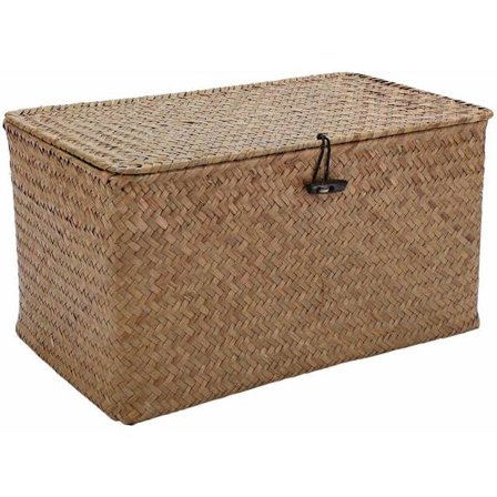 Håndvævet opbevaringskurv af strå med låg Makeup Organizer Opbevaringsboks Søgræs Vasketøjskurve Rattan Box (M)