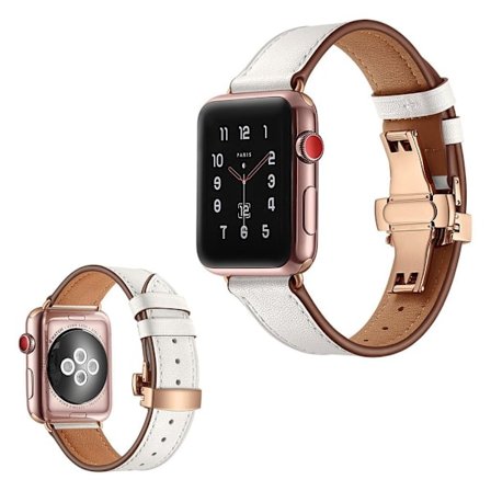Apple Watch Series 5 40 mm hållbart klockarmband i äkta läder - Roséguld Spänne / Vit
