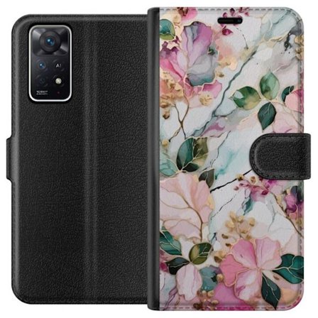 Kompatibel Tegnebogsetui til Xiaomi Redmi Note 11 Pro 5G Abstrakt marmormønster med blomster, blade og gyldne detaljer i bløde pastelfarver