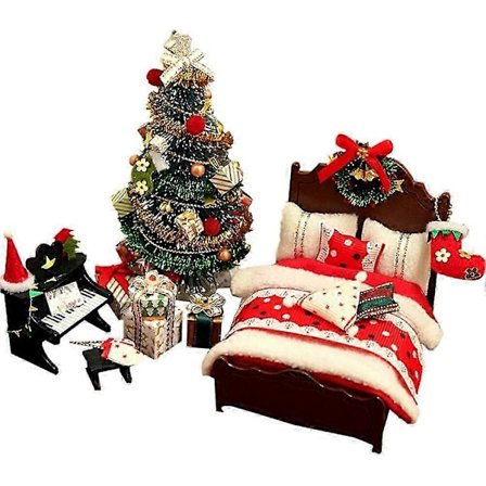 Balabela DIY Miniature Dukkehus Møbelsæt, Miniature Juledukkehus Tilbehør, Jule Soveværelse Legesæt, Mini Juleæsker Ornamenter, Jul