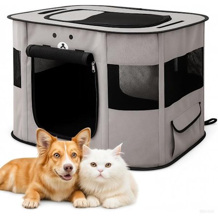 Sammenleggbar Hundegård, Bærbar Valp Katt Kanin Innhegning, Pustende Innendørs/Utendørs Telt med Bæreveske, Ideell for Reise og Camping (Askegrå, L) 