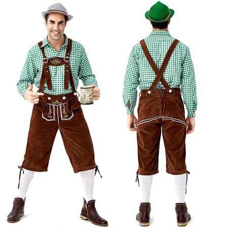 Tysk Oktoberfest Kostyme Menn | Rutete Skjorte med Broderte Seler & Hatt*Grønn topp + brune seler + hatt*XXL Grønn topp + brune seler + hatt