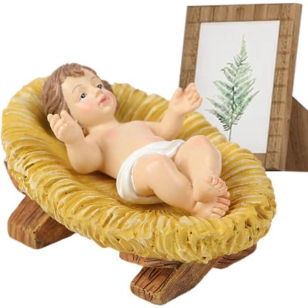 Jeesus-lapsi -patsas, hartsi jouluseimi veistos, Kristus seimessä miniatyyri joulunäyttelyyn, seimiasetelma hahmo käsinmaalatuilla yksityiskohdilla