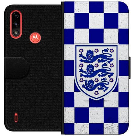 Kompatibel Tegnebogsetui til Motorola Motorola Moto E7 Power Grafisk skakternet mønster i blåt og hvidt med et klassisk heraldisk emblem, retro-insp