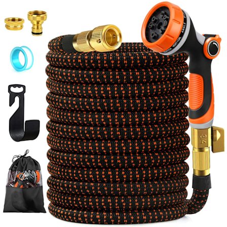 30M Udtrækkelig haveslange, 10 indstillinger sprøjtepistol, 3/4" til 1/2" køkkenhaneadapter, vægmonteret udtrækkelig haveslangeholder.