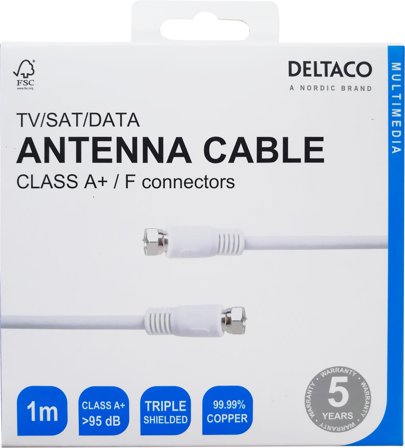 Deltaco ANTENNA CABLE, F-connector, CLASS A+, 1M, WHITE