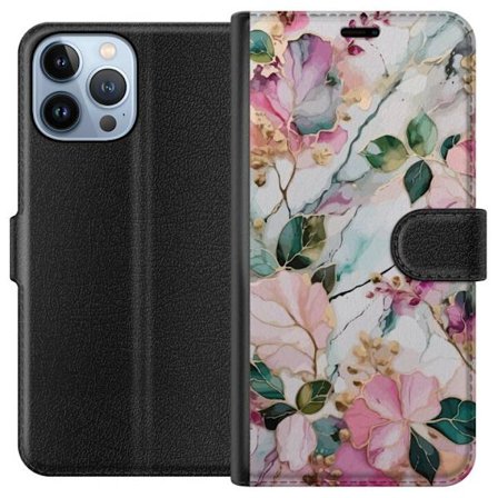 Kompatibel Tegnebogsetui til Apple iPhone 13 Pro Max Abstrakt marmormønster med blomster, blade og gyldne detaljer i bløde pastelfarver
