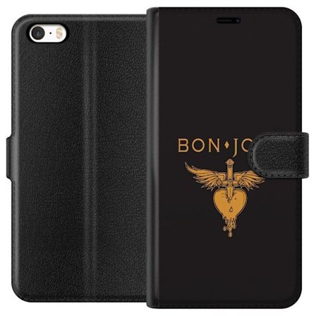 Kompatibelt Plånboksfodral till Apple Apple iPhone 5 Ikonisk musikillustration med bevingat hjärta och dolk i guldtoner på mörk bakgrund, kraftful