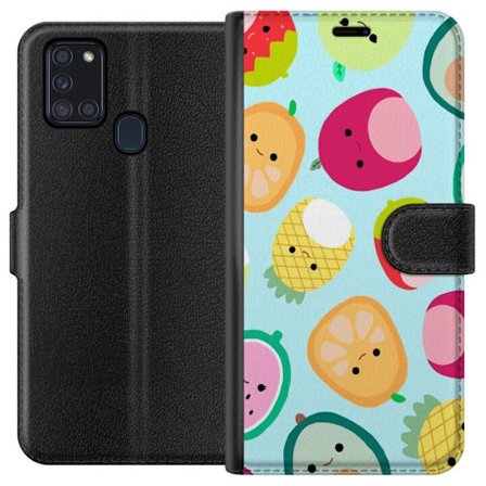 Kompatibel Tegnebogsetui til Samsung Galaxy A21s Mønster af kawaii frugter som jordbær citron ananas og avocado på lyseblå baggrund