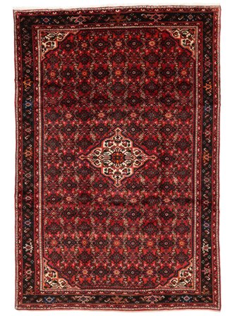 Handgeknoopt Hosseinabad Vloerkleed 209X309 Perzisch Wol Zwart/Donkerrood