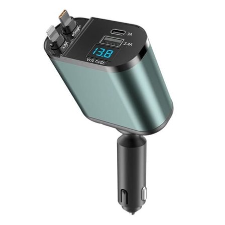 Billader med doble kabler – USB-C + Lightning, PD hurtiglading, spenningsmåler, vanntett sigarettenneradapter