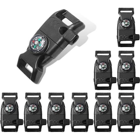 10stk Pakke Svart 5/8" Kompass Flint Skrape Brannstarter Fløyte Spenne Plast Paracord Armbånd Utendørs Camping Nød Overlevelses Reise Sett (svart)