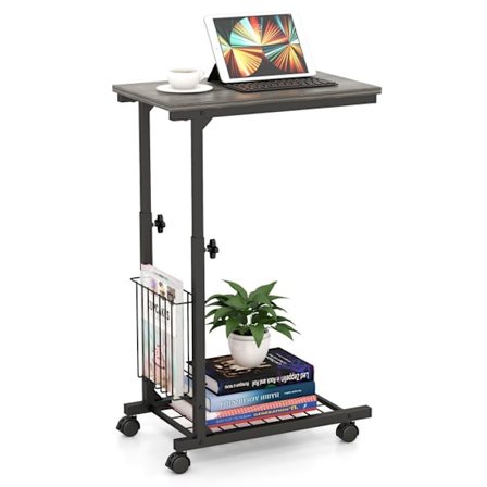COSTWAY C Roulante Bordbord, Justerbar Højde 58-80 cm, med Opbevaringskurv, til Bærbar Computer, Grå