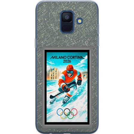 Kompatibelt Mobildeksel til Samsung Galaxy A6 (2018) Curlingillustrasjon med spillere og stein på is, Milano Cortina 2026, snøsprut og olympiske ringe