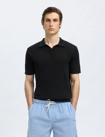 Selected Slhlino Ss Knit Crochet Open Polo - Black - XXL
