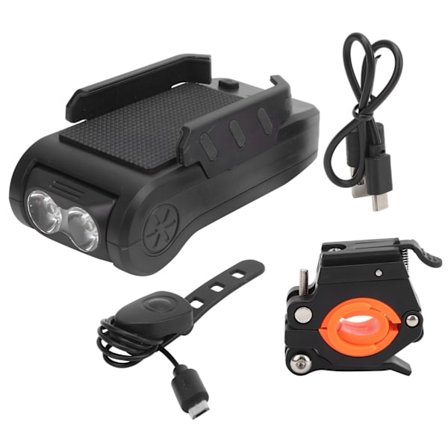 Multifunktionel Cykel Forlygte USB-opladning med Horn Telefonholder Powerbank Frontlampe Sort 4000mAh