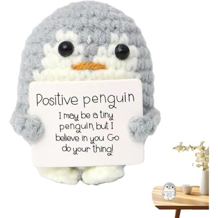 Positiivinen pingviini, hauska positiivinen pingviini, tunnetukipingviini, pingviinilelu positiivisella kortilla, virkattu pingviininukke