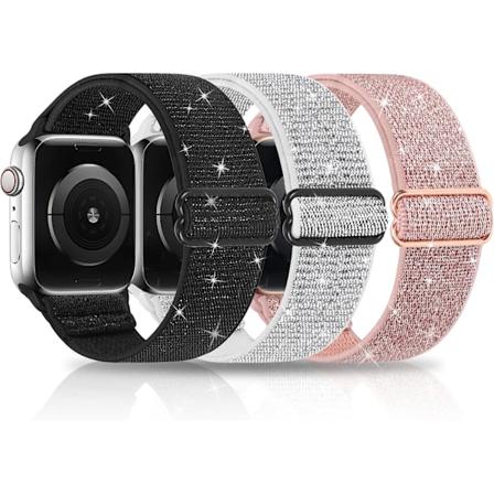 Strækbare nylon bling-remme, der er kompatible med Apple Watch-rem 42mm 44mm 45mm 49mm, justerbar elastisk sports solo-løkke til kvinder og mænd, 3 