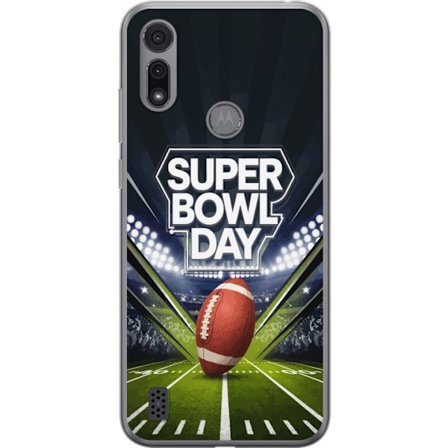 Kompatibel Mobilcover til Motorola Moto E6i Super Bowl Day plakat med amerikansk fodbold på oplyst arena i dramatisk sportsdesign