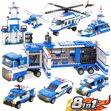 WishaLife 8 i 1 City Police Mobile Command Center Truck Toy Building Set, med politistasjon leketøy, politibil leketøy, helikopter leketøy, båt 