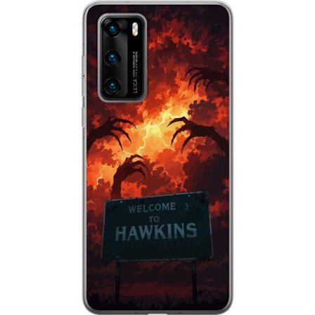 Kompatibel Mobilcover til Huawei P40 Mørk apokalyptisk fantasy scene med brændende himmel og Hawkins-skilt i Stranger Things-stil