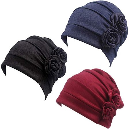 3 deler Dame turban blomsterluer Vintage Beanie Headscarf Svart + vinrød + marineblå