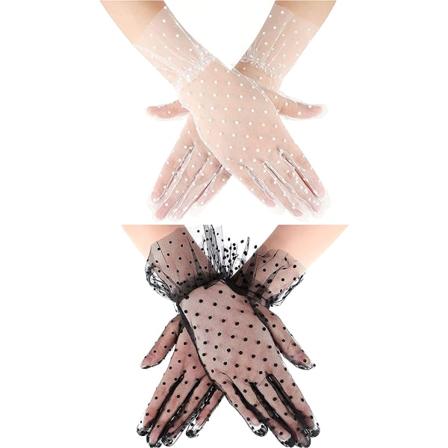 Korte damehandsker i vintage-stil med prikker og blonder til brudehandsker, handsker til festkostume, middag, 2 par, sort/hvid