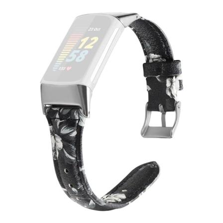 Fitbit Charge 5 lehmännahkainen aito nahkaranneke - Musta / Harmaa Kukka / Koko: L Multicolor