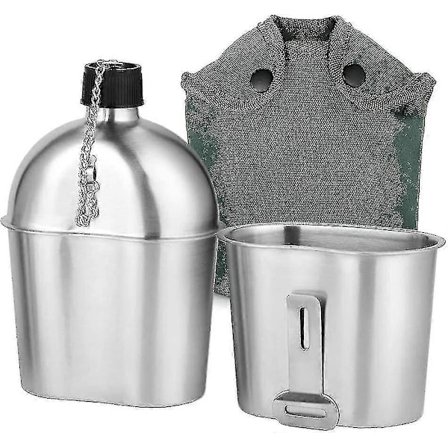 Kenttäpullosetti 2 kpl 1000ml 600ml Ruostumattomasta teräksestä valmistettu sotilaskenttäpullokuppisetti suojapussilla ulkoiluun, retkeilyyn ja 
