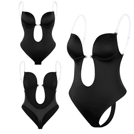 Rygglös Shapewear för Kvinnor Djup V-ringad Body Osynlig Figurformare Svart XL Svart