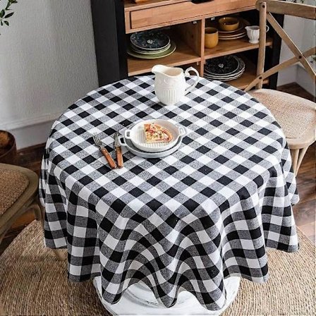 Svart och vit buffelrutig rund duk, bondgårdsrutig bomullslinneduk för kök och matsal