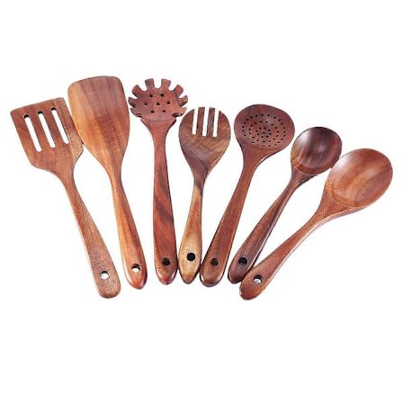 Køkkenredskaber i træ, 7 stk. træskeer og spatel til madlavning, køkkenredskaber til køkken D