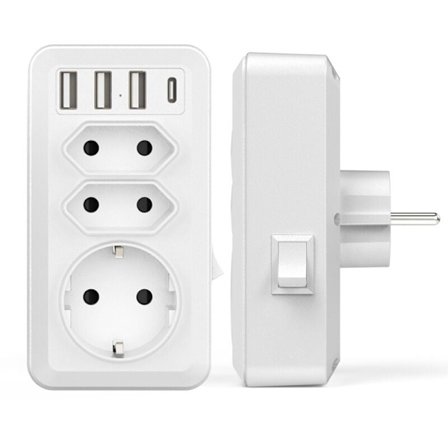 USB Grenuttag, 7 i 1 USB Vägguttag Laddare med 3 AC Uttag (16A, 3800W), 3 5V/3.4A USB Portar, 1 Typ-C Port, för Hem, Kontor, Resa