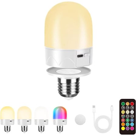 USB-opladet RGB LED-lampe med fjernbetjening – E27 smart pære, 12 farver + dæmpbar (800 lumen), 3-timers timer, genopladelig natlampe_TF_TF