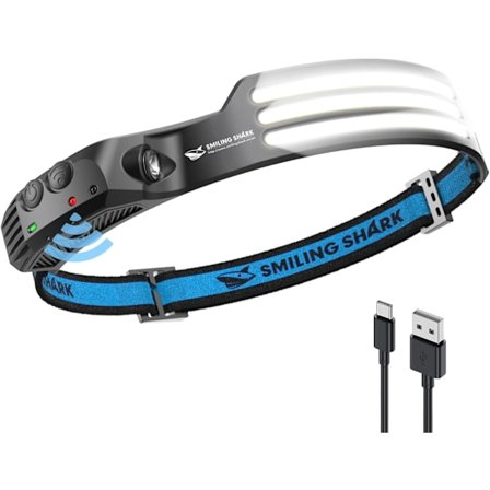 LED hodelykt, 230° vidvinkel, oppladbar, med bevegelsessensor, vanntett, LED frontlys