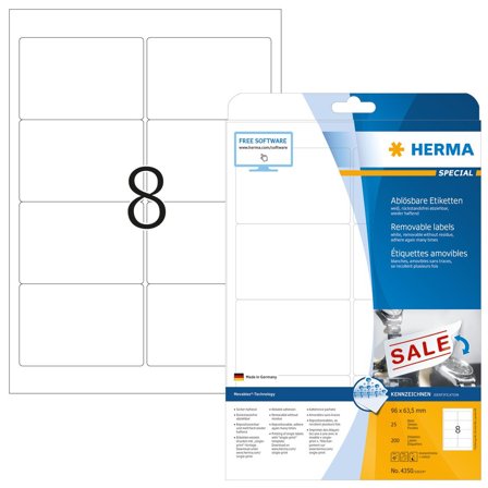 Herma Special - Papir - matt - fjernbart selv-adhesiv - hvit - 96 x 63.5 mm 200 etikett(er) (25 ark x 8) merkelapper