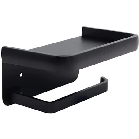 Toalettpapirholder med hylle, matt sort toalettpapirholder veggmontert, selvklebende toalettpapirholder for bad