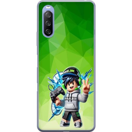 Kompatibelt Mobildeksel til Sony Xperia 10 III Lite Roblox-inspirert gamerfigur med headset, håndkontroll og energiske effekter mot grønn bakgrunn