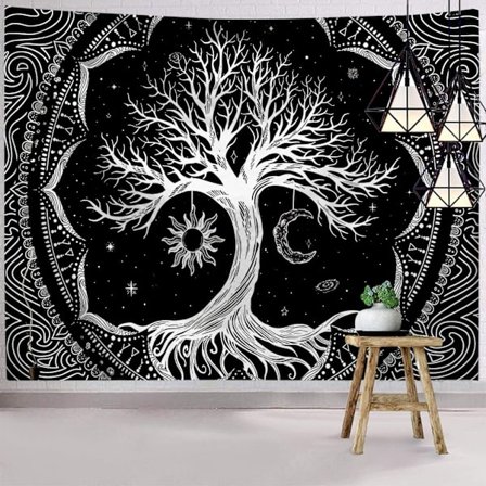 Mustavalkoinen Boho seinävaate, aurinko ja kuu Trippy seinävaate