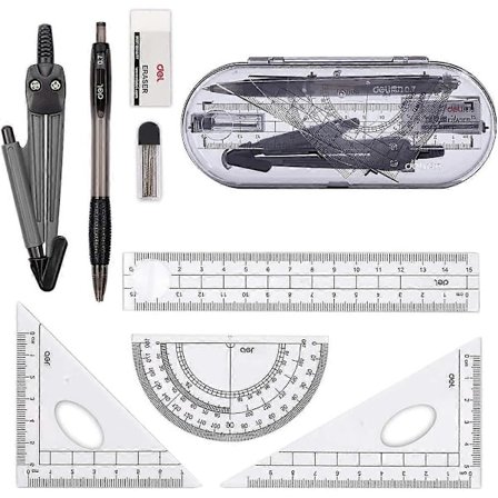 Geometriska kompasset, utbildningsmaterial, matematiskt gradskiveset, linjalset, penna, suddgummi, pennvässare för skolan (8-delars set, svart)