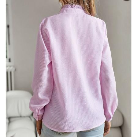 Ruffle Trim Knaplukning Bluse Ensfarvet Casual Fitted Splicing Turtleneck Langærmet Bluse Pink M