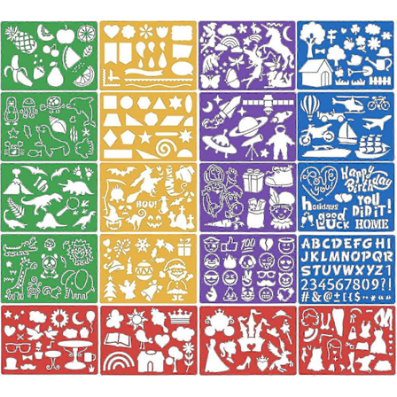 20 stk. malersjablonger, sjablonger for tegning og maling, tegnesjablong i plast, gjenbrukbare bokstavsjablonger, alfabet dyrebil sjablonger for kort