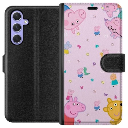 Kompatibelt Lommeboketui til Samsung Galaxy A54 Peppa Gris med en baby i armene, mamma gris motiv i fargerik og myk barneillustrasjon med hjerter