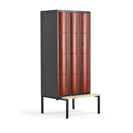 Clothes locker CURVE, bench, 3 x 4 doors, 2120x900x550 mm, red